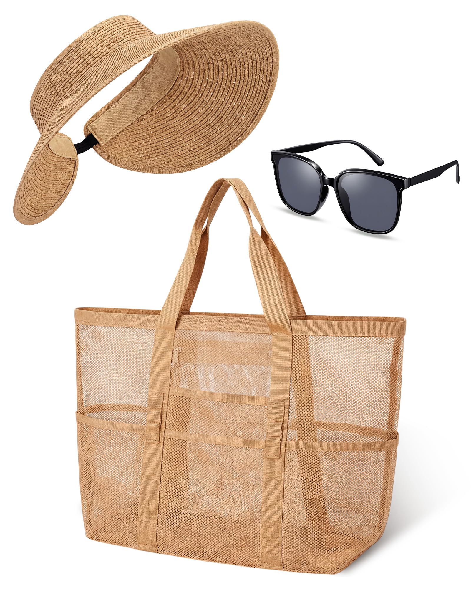Sadnyy 3 Pcs Wide Brim Straw Hats for Women Summer Sunglasses and Beach Tote Bag Travle Set UV Beach Ponytail Sun Visor Hats