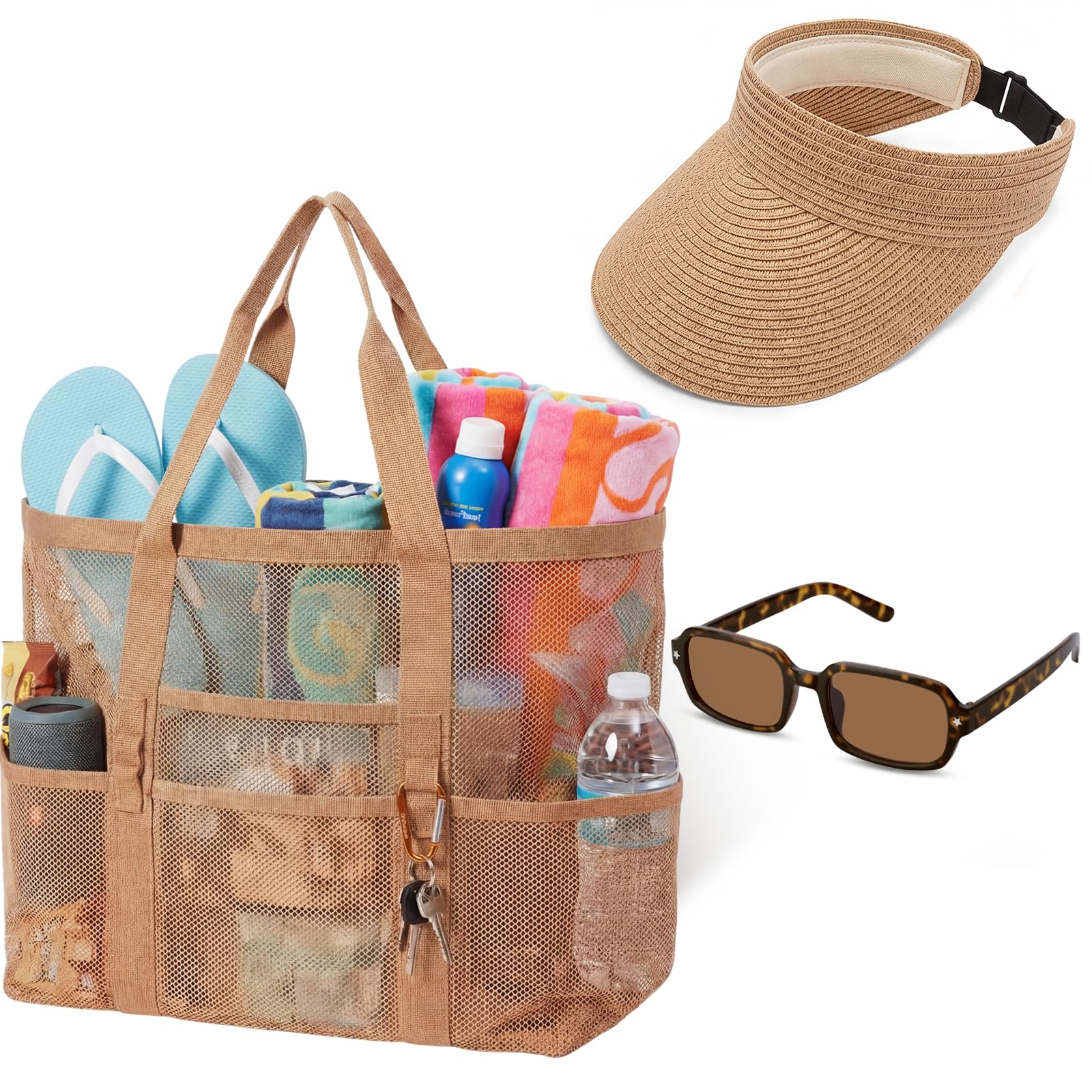 Sadnyy 3 Pcs Wide Brim Straw Hats for Women Summer Sunglasses and Beach Tote Bag Travle Set UV Beach Ponytail Sun Visor Hats