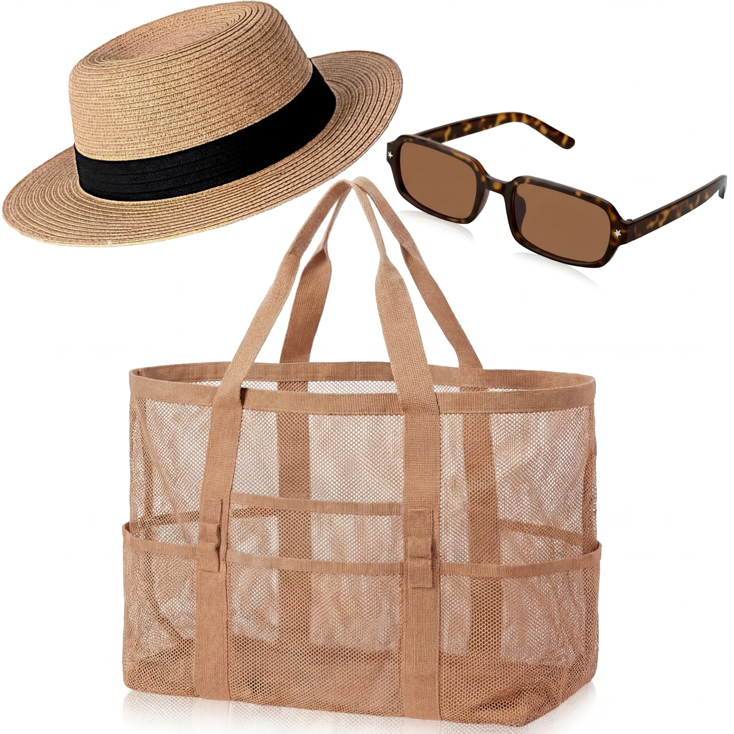 Sadnyy 3 Pcs Wide Brim Straw Hats for Women Summer Sunglasses and Beach Tote Bag Travle Set UV Beach Ponytail Sun Visor Hats